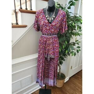 Angle Women Red Floral 100% Rayon Short Sleeve Pleated V-Neck Romper Size Large